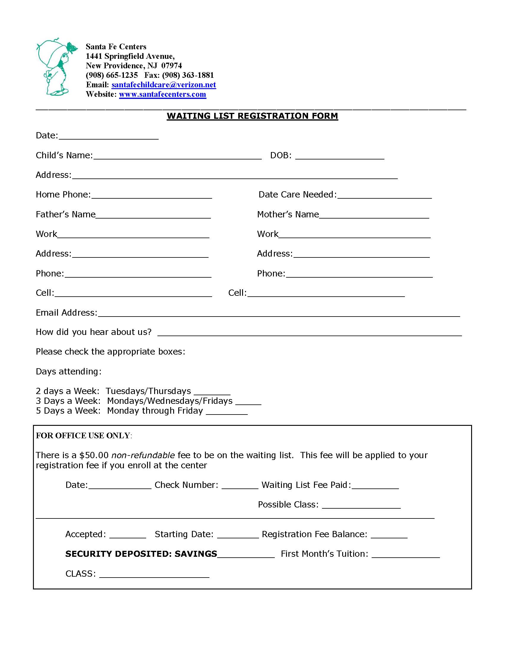 Print & Handwrite Waitlist Registration Form Waitlist Registration Form